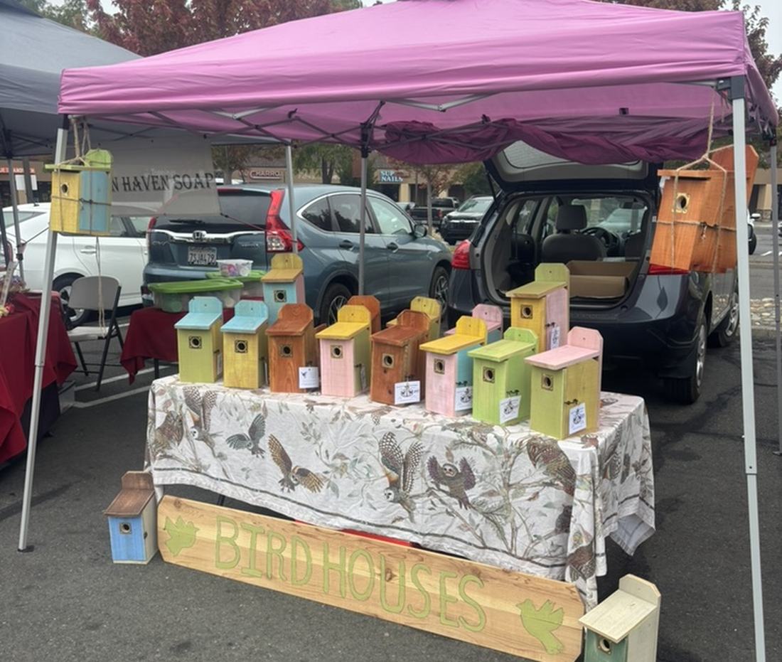 The Bennett Valley Woodworks booth at the Farmers Lane market, birdhouses lined up on a table under a pink canopy.