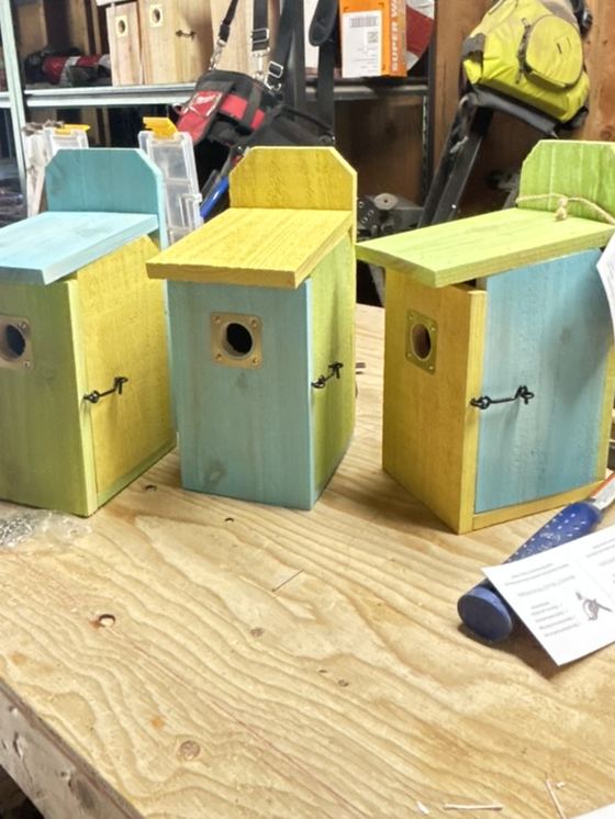 Painted cedar birdhouses in teal, yellow and green on the workbench.